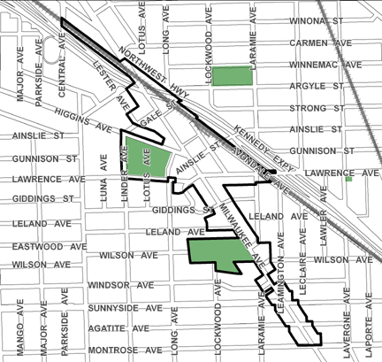 Jefferson Park Business TIF district, roughly bounded on the north by Winona Avenue, Montrose Avenue on the south, the Kennedy Expressway on the east, and Central and Linder avenues on the west.